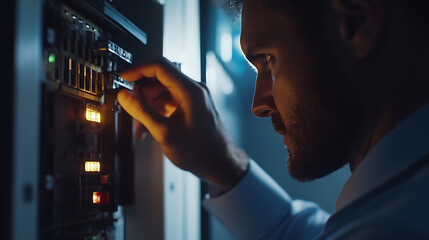 Electrician testing electrical panel for issues. Featuring expertise and attention to safety