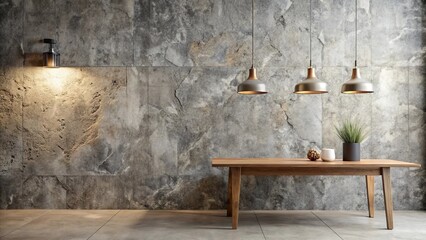 Modern Minimalist Interior Design Featuring a Wooden Table and Pendant Lighting Against a Textured Stone Wall