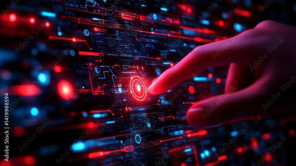 Wall mural a hand interacts with a digital interface showcasing red and blue data streams and glowing icons.