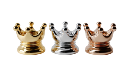 Three Crowns in Gold, Silver, and Rose Gold: Three miniature crowns in gold, silver, and rose gold, gleaming elegantly against a pure white background.