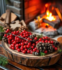 Rustic wooden platter with vibrant berries & pinecones, near a cozy fireplace, christmas, harvest