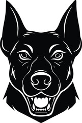 head of dog, angry dog illustration, vector illustration of a dog, sitting dog silhouette icon, black and white dog, dog head vector, funny sunglass wearing dog on white background.