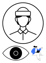 Obraz premium Profile outline, large eye icon, seated woman working on a laptop. Ideal for user interface, privacy, identity, technology, communication, analysis simple landing page