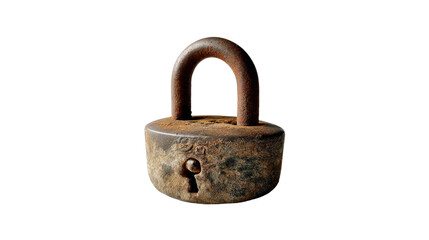 Naklejka premium Rusty Padlock: Close-up view of an old, rusty padlock, showing the details of its weathered surface and keyhole. The image evokes feelings of security, age, and perhaps a sense of mystery.