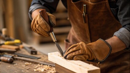 Gloved hands use a chisel to shape a piece of wood on a workbench in a workshop, symbolizing craftsmanship, manual labor, and the precision of woodworking
