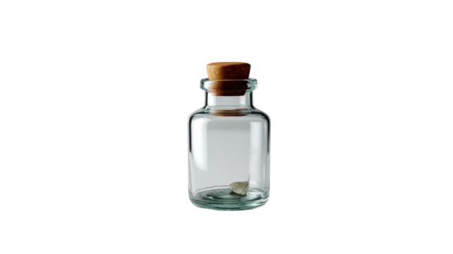 Glass Vial of Secrets: A meticulously captured, high-angle shot of a classic, transparent glass vial, sealed with a natural cork stopper, housing a singular, cryptic element.