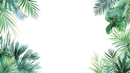 Lush tropical leaves frame, featuring various green foliage creating a vibrant and exotic border. Ideal for nature-themed designs or backgrounds.