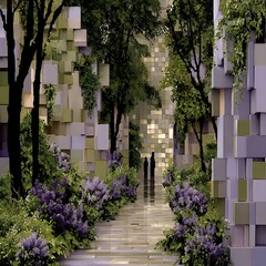 Architectural Garden Walkway with Trees and Lilac Blooms.