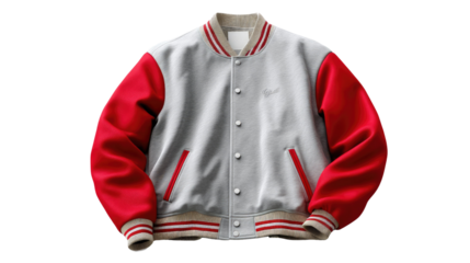 Varsity Jacket: Capturing the iconic style of a classic varsity jacket, this image showcases its timeless appeal with striking red and gray panels and ribbed detailing, a symbol of academia.