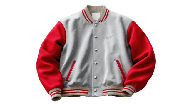 Varsity Jacket: Capturing the iconic style of a classic varsity jacket, this image showcases its timeless appeal with striking red and gray panels and ribbed detailing, a symbol of academia.