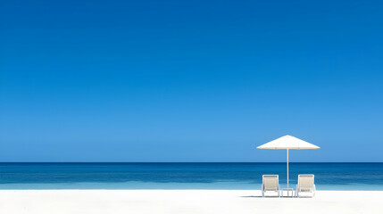 Fototapeta premium Peaceful Beach Scene With White Umbrella And Chairs