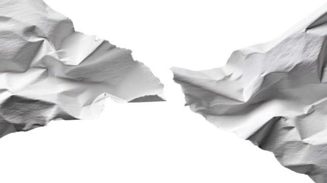 Torn Paper: A dramatic close-up of torn paper, with sharp, jagged edges revealing the texture and detail of the paper, offering a symbolic representation of rupture and division.