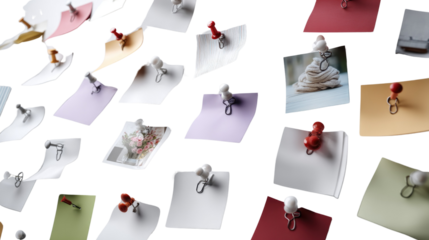 Note Pinboards: An artistic display of pinned notes of different colors and images, each attached with a thumbtack, forming an innovative visual of collected thoughts and ideas.