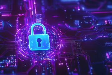 Cybersecurity Shield: A luminous padlock, symbolizing digital security and data protection, is overlaid on a complex circuit board, highlighting the intricate world of cybersecurity.