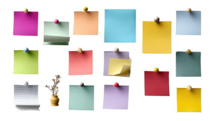 Colorful Notes and Ideas: An inspiring image of various sticky notes pinned to a surface, each in a unique hue, with a small vase of flowers, perfect for illustrating concepts like planning.