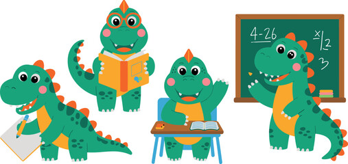 Naklejka premium Green dinosaurs engaging in educational activities in a classroom setting during daytime hours