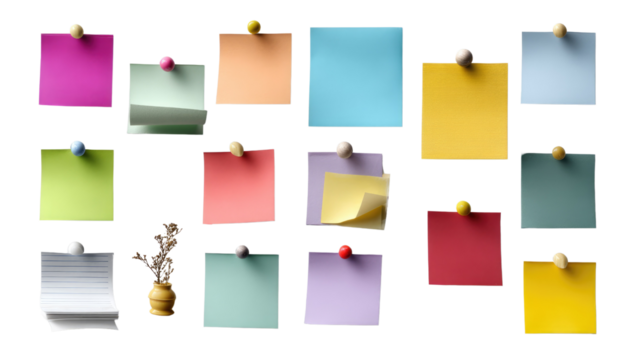Colorful Notes and Ideas: An inspiring image of various sticky notes pinned to a surface, each in a unique hue, with a small vase of flowers, perfect for illustrating concepts like planning.