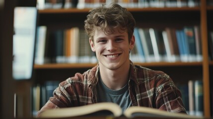 Smiling male student working and studying in a library