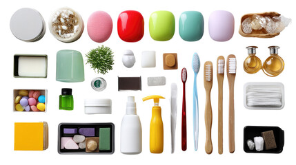 Cosmetic Collection: An eye-level arrangement of cosmetic products featuring jars, soaps, toothbrushes, and other beauty essentials, with a diverse color palette.