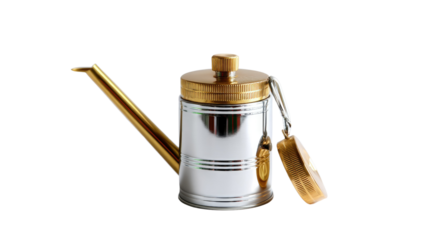 Silver and Gold Oil Dispenser: A gleaming silver oil dispenser with a golden lid and spout, a classic design that adds a touch of elegance to any kitchen countertop.