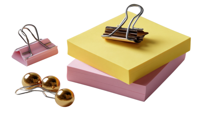 Stationery Staples: A close-up shot showcases a collection of essential office supplies, including sticky notes, binder clips, and paper clips.