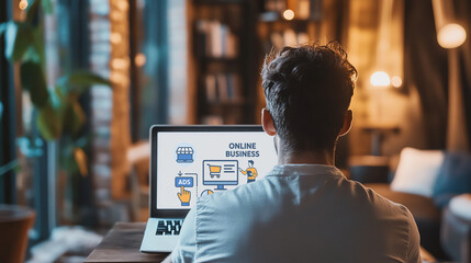 A focused businessman analyzing online business data on his laptop, strategizing for e-commerce growth. Perfect for digital marketing, startup, and entrepreneurship concepts