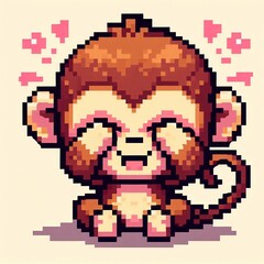 illustration design of smiling monkey closing his eyes,pixel art
