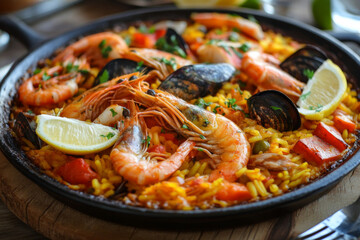paella with shrimps and sea food on table