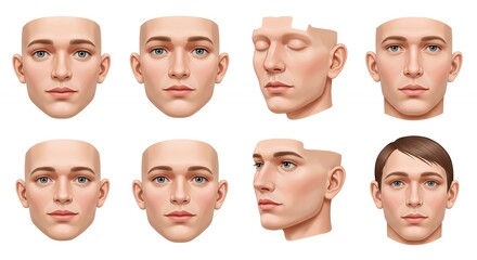 Realistic human face illustrations diverse expressions and angles medical cosmetic software