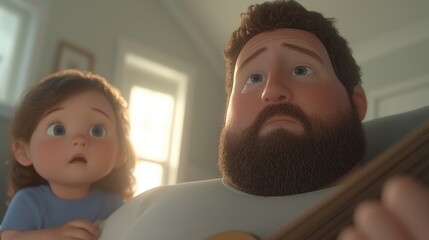 Father and daughter share heartwarming music moment.  A close-up view of a father and daughter, possibly animated, in a cozy living room setting,  seemingly playing and enjoying music together