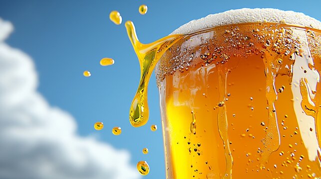 Cold Golden Beer with Foam Splashing Against Clear Blue Sky
