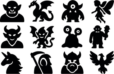 Obraz premium Mythical Creatures Silhouettes: A collection of diverse black silhouette fantasy creatures in a variety of shapes, capturing a captivating array of fantastic beings for creative use.