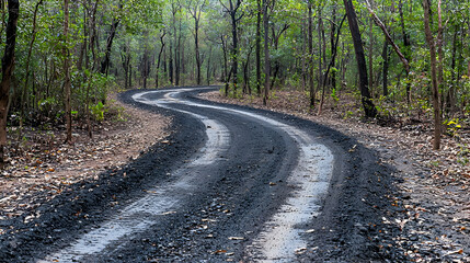 Naklejka premium Winding Dirt Road Through Lush Forest