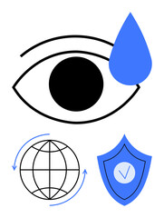 Eye with teardrop symbolizing awareness or empathy, globe with circular arrows for global connection, and shield with checkmark for protection. Ideal for security, trust, global reach, empathy