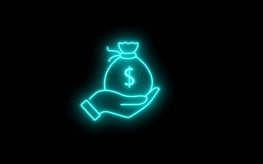Bright Hand holding bag with money icon. Hand on dollar bag. Neon Money sack sign.