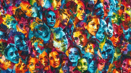 Fototapeta premium Colorful diverse people crowd abstract art seamless pattern. Multi-ethnic community, big cultural diversity group background illustration in modern collage painting style.