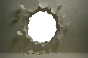 Breaking the Barrier: A conceptual shot of a stark, bright hole dramatically torn in a pale wall, symbolizing breakthrough, opportunity, or demolition.