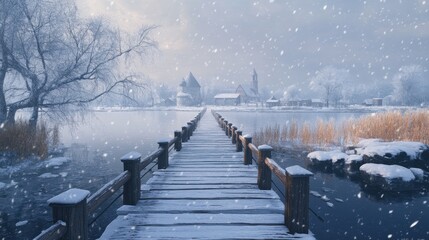 Snowy, wooden bridge in a winter day. Stare Juchy, Poland