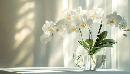 White flowers are arranged in a glass vase that sits on a table close to a window