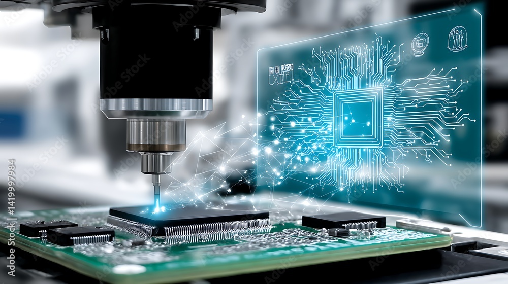 Poster automated microchip production with circuit board hologram display for high tech industry.