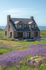 Obraz premium Stone house with chimney sits in a field of purple flowers near ocean.