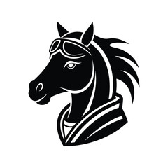 Silhouette art illustration mascot logo of horse head wearing street racing jacket and racing goggles.eps
