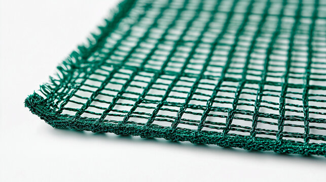 Close-up of a green mesh fabric with a grid pattern, against a white background. 