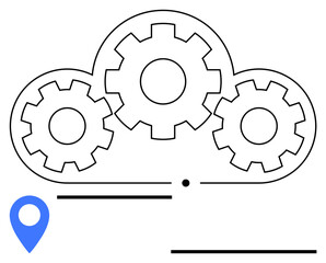 Cloud with interconnected gears symbolizes technology, innovation, or processes. Blue location marker conveys navigation, mapping, or delivery. Ideal for cloud computing, teamwork, innovation