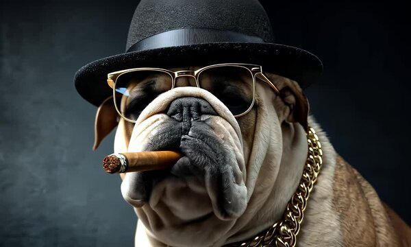 A stylish bulldog, sporting a fedora, sunglasses, and a gold chain, holds a cigar, exuding cool vibes