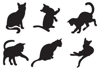 Cat Silhouettes Vector Illustration, perfect for Halloween, cat lovers. Features various cat poses, paw prints. Ideal for pet, animal, feline, domestic, house cat themes