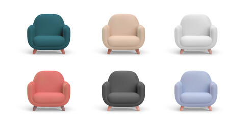 Colorful Armchairs Collection In 3D Minimal Style With Soft Shapes And Pastel Tones. Perfect For UI Design, App Interfaces, And Interior Concepts. Clean Layout. Vector Illustration.