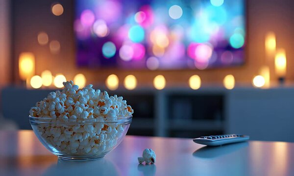 Delicious bowl of popcorn with remote control in front of a television with out-of-focus background lights