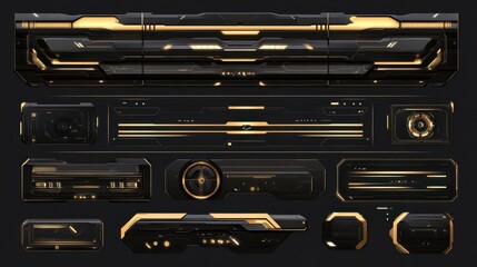 HUD - futuristic user interface elements for GUI, UI, UX, KIT. Futuristic user interface graphic box for UI game. Digital lines, Arrows, Callouts titles, Circle HUD, frames, panels, bar labels. Vecto