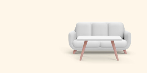 Modern White Sofa and Table on Beige Background, Ideal for Interior Design Projects, Web Interfaces, or Product Mockups. Clean Minimal Look in 3D Style. Vector Illustration.